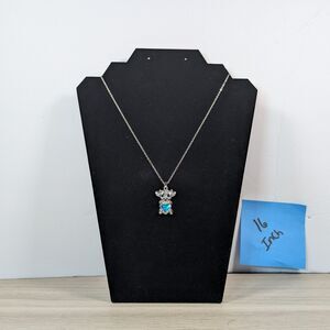 Cute Cow Pendant Necklace Silver Tone Blue Heart Charm 16 Inch